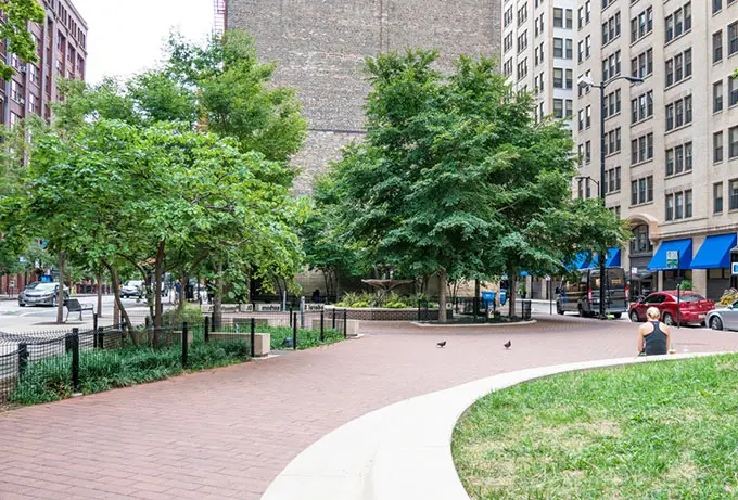 Printers Row Park urban lot revitalization community space overall trees chicago site design group